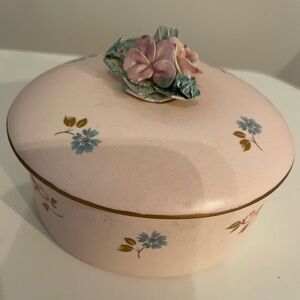 Vintage Pink and Blue Floral Porcelain Face Powder Dish/Decor